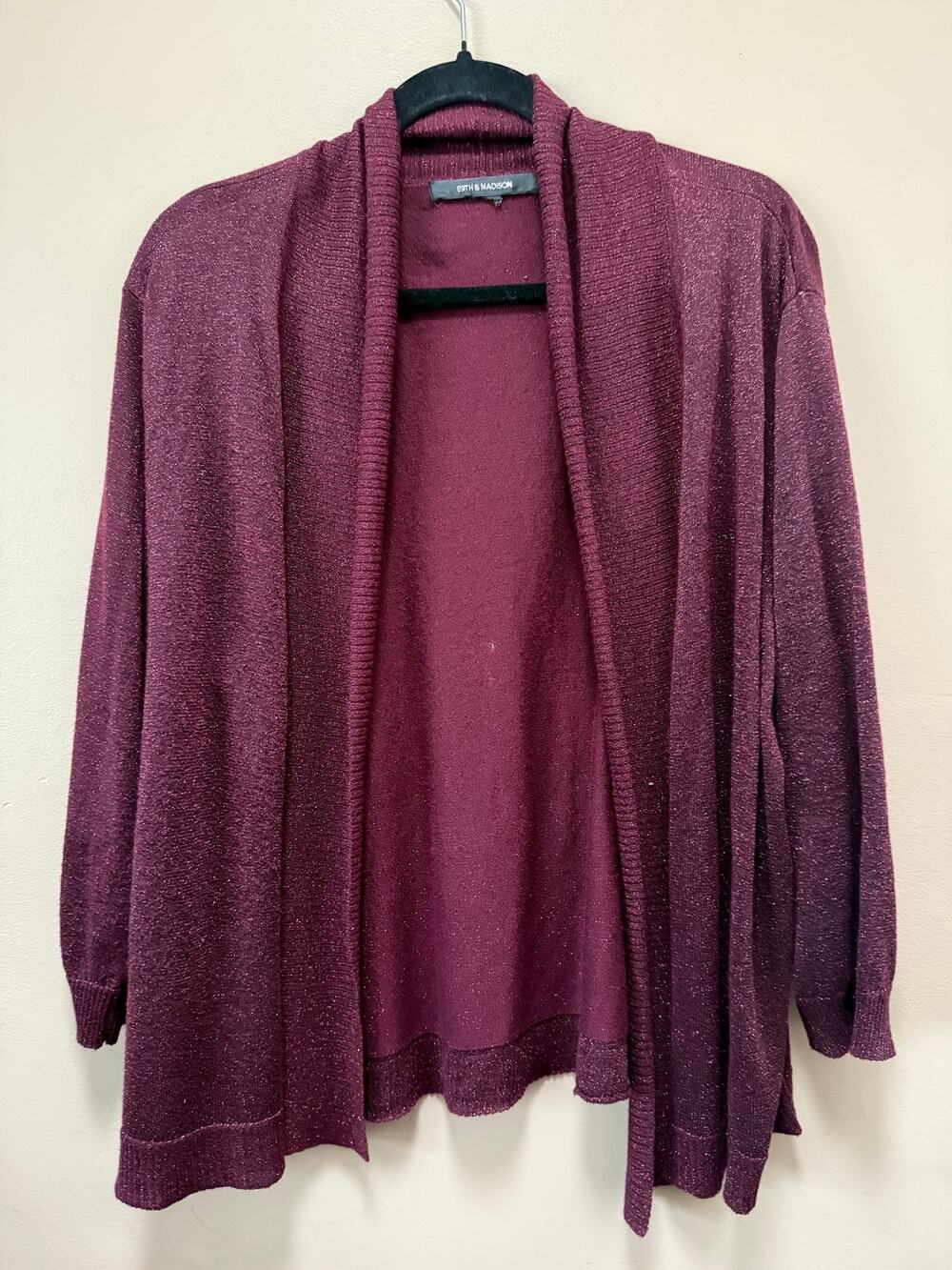 89th & Madison Womenâs XL Burgundy Purple Knit Cardigan Sweater Open Front
